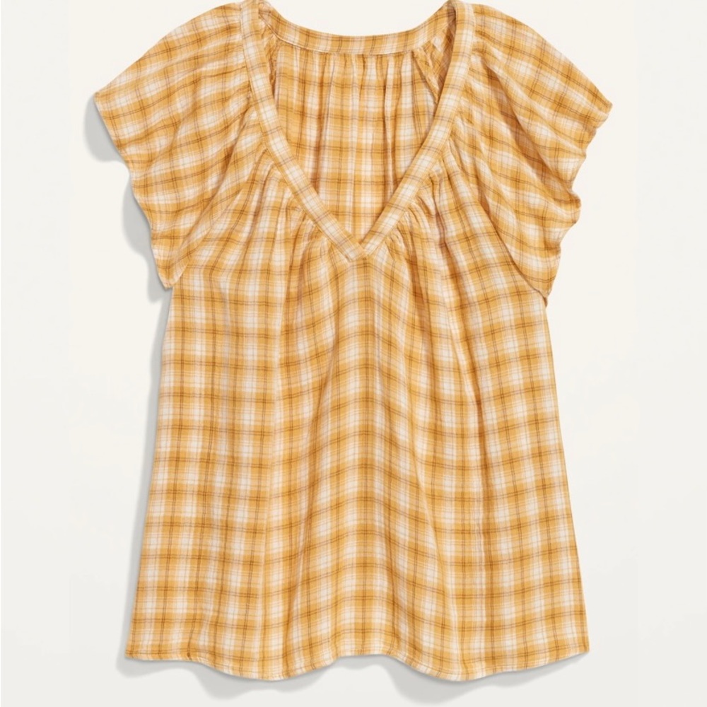 Old Navy NWT XL mustard plaid flutter sleeve double weave v-neck top